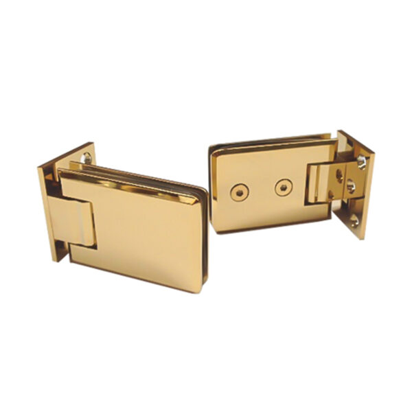 Polished Brass Glass to Wall 90 Degree Door Hinge for Shower Enclosures, Wet Rooms, Bath Screens, and Glass Doors.