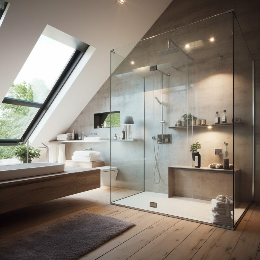 A glass glass shower enclosure in a modern loft bathroom with a tall toughened glass shower door.
