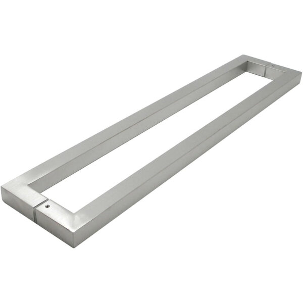 Stainless steel square pull handles for glass doors.