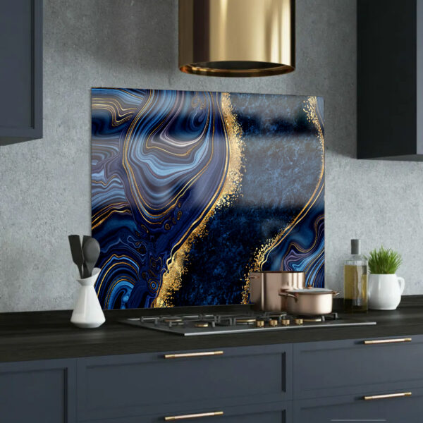 royal blue & gold marble printed glass splashback