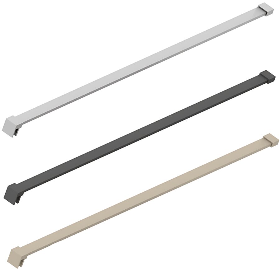 Rectangular wall-to-glass shower screen support bar in colours: chrome, matt black, and nickel